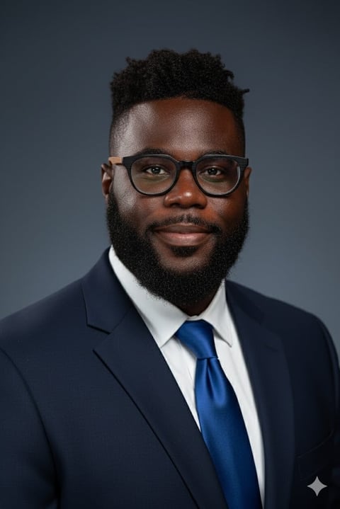 Professional headshot of a man wearing glasses, dark blazer, white dress shirt, and blue tie against a gray background